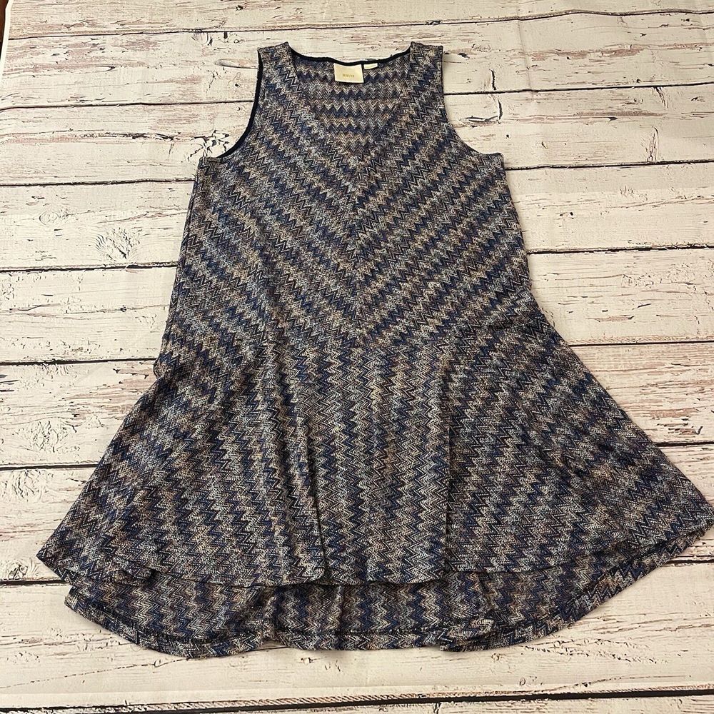 Maeve Dress Womens Large Blue Chevron Stripe Sleeveless V-Neck Boho Flowy Knit
